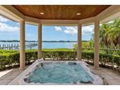 an outdoor jacuzzi is shown in front of the ocean and palm trees on the other side