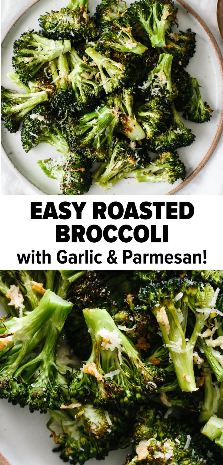 broccoli with garlic and parmesan is on a white plate next to the recipe