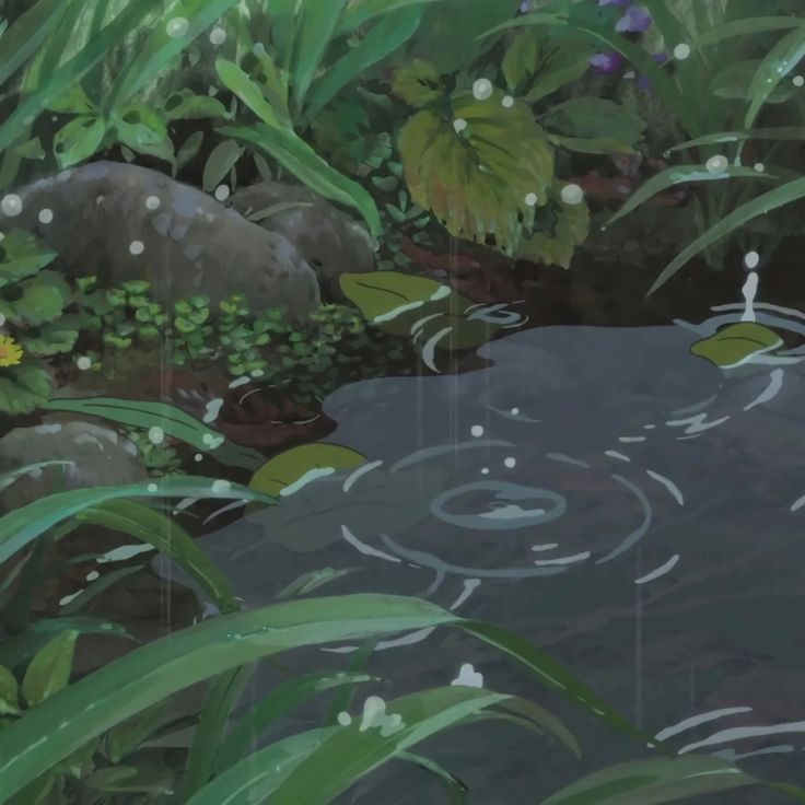 a painting of water surrounded by plants and rocks with rain drops falling on the ground