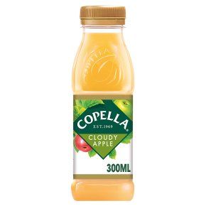 a bottle of copella apple juice on a white background with clippings to the side