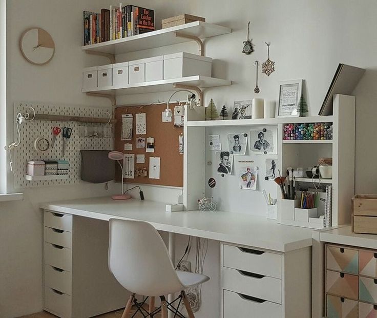 a white desk with lots of drawers and shelves