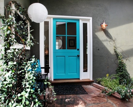 a blue front door on a house with plants and potted plants in the foreground