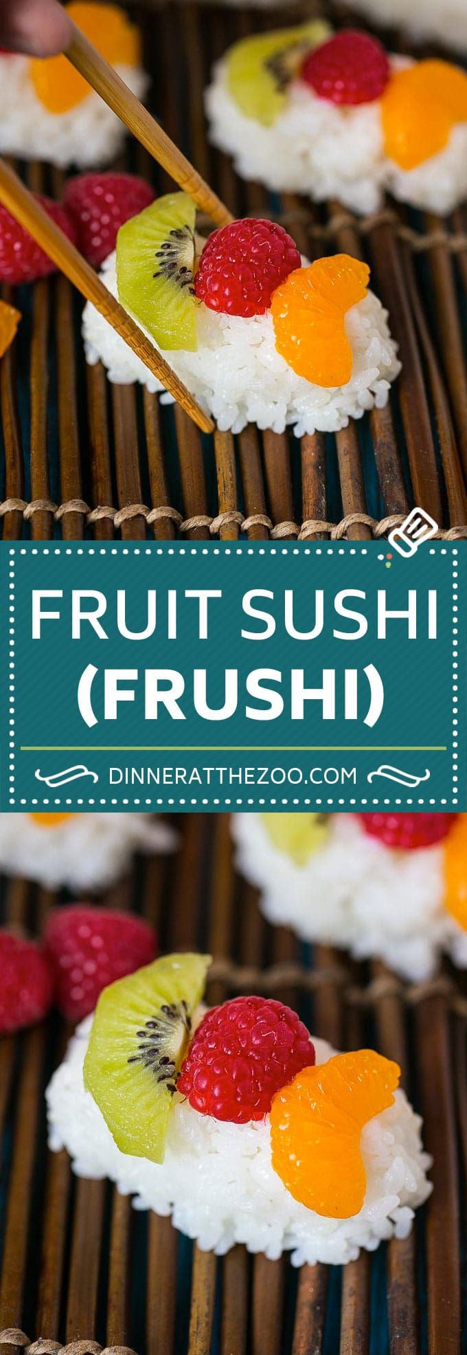 fresh fruit sushi on rice with chopsticks in the foreground and text overlay