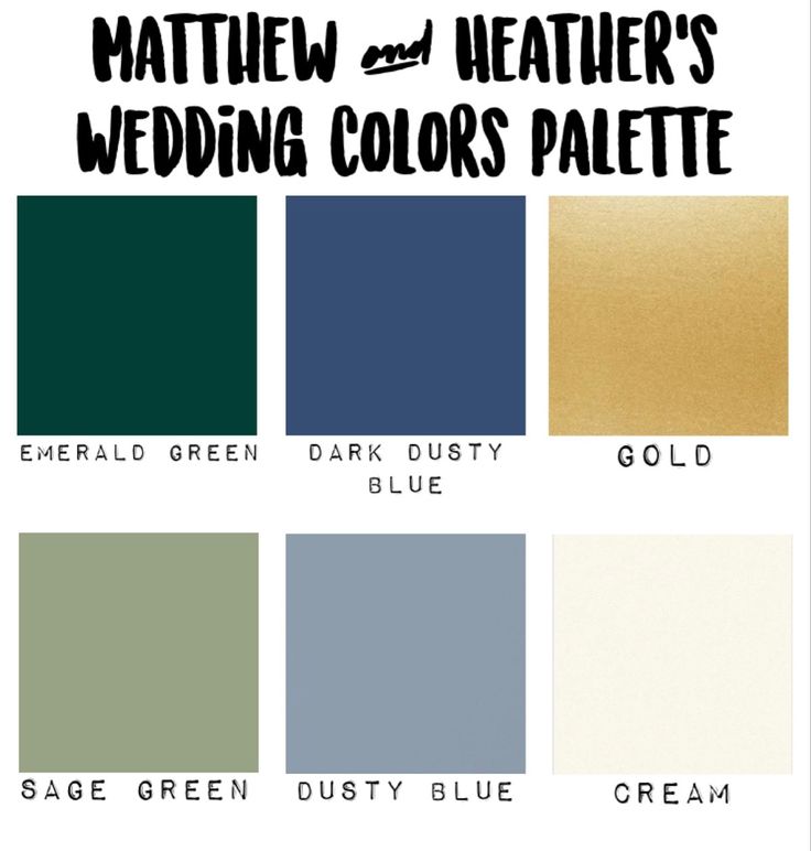 the color scheme for mattew weather's wedding colors palette is gold, blue, and green