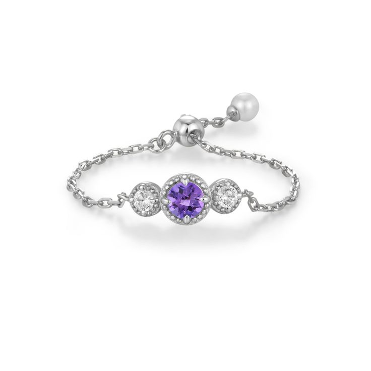 Embrace the energy of your birth month with our Birthstone Chain Ring. This adjustable beauty fits up to size 13, ensuring a perfect fit for every finger. It features a sparkling selection of birthstones, each radiating its unique energy, symbolizing strength, healing, and wisdom. Let the timeless elegance of this dainty piece inspire you to radiate positivity and welcome the magic of your birthstone's energy. ✦ 14K White or Yellow Gold Vermeil (14K white or yellow gold plated over a sterling si Dainty Amethyst Promise Ring With Birthstone, Dainty Amethyst Birthstone Ring For Promise, Dainty Amethyst Birthstone Promise Ring, Amethyst Birthstone Promise Ring With Gemstone Accents, Purple Center Stone Jewelry For Promise, Purple Jewelry With Center Stone For Promise, Adjustable Birthstone Ring In Cubic Zirconia, Promise Jewelry With Birthstone In Cubic Zirconia, Adjustable Cubic Zirconia Birthstone Ring