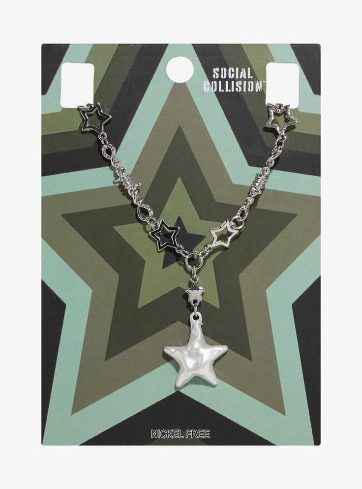 Step out lookin' like a star with this lariat necklace on! It features stars throughout the chain and barbed wire charms  plus pearlescent star beads and a central pearly star lariat pendant. Goth Closet, Wire Charms, Social Collision, Pinterest Wardrobe, Right Arrow Icon, Star Beads, Whimsy Goth, Dream Aesthetic, Detailed Jewelry