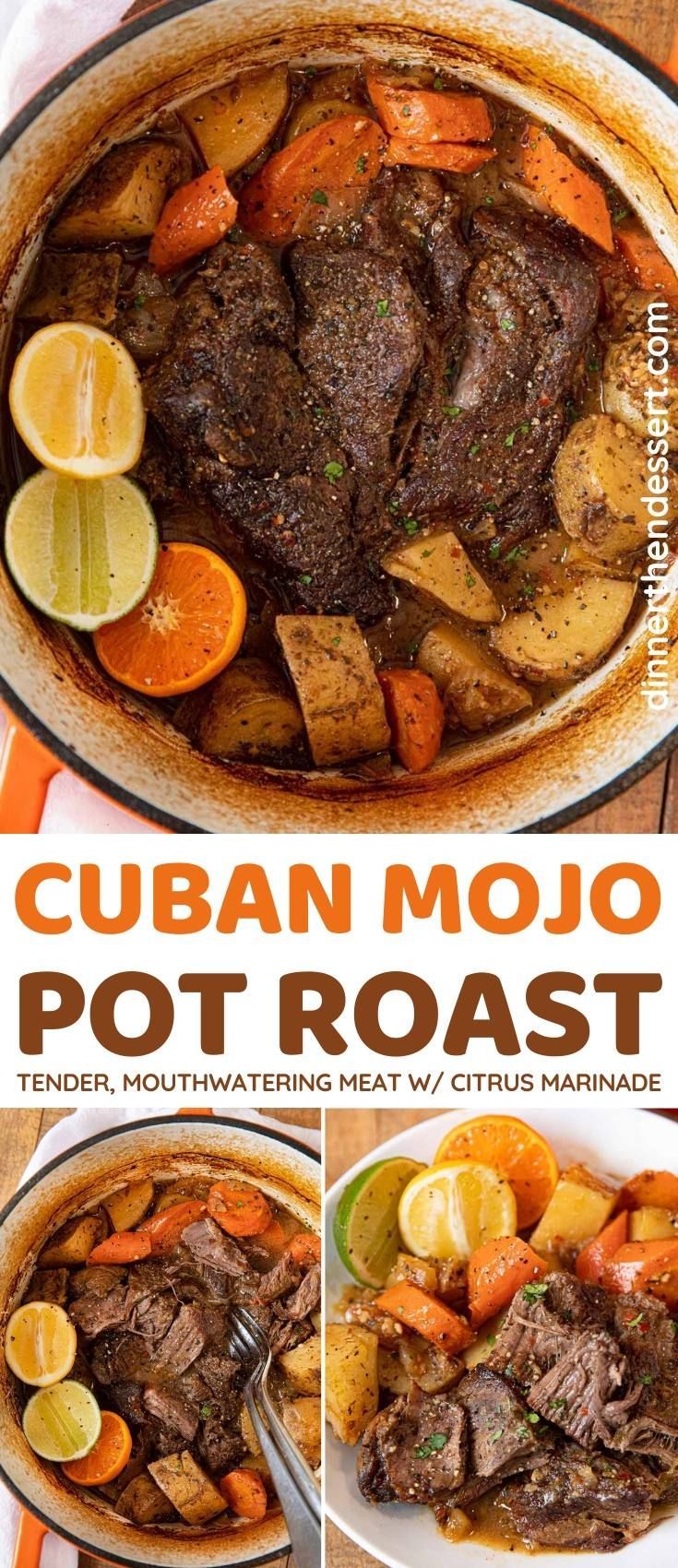 the recipe for cuban mojo pot roast is shown in three different pictures, including carrots and potatoes