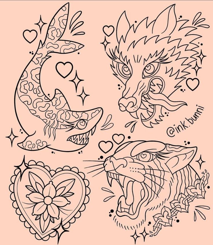 three different tattoo designs on a pink background