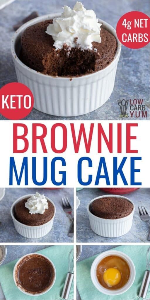 keto brownie mug cake with whipped cream on top and chocolate in the bottom