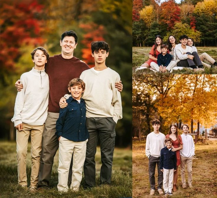 a family posing for pictures in the fall and winter