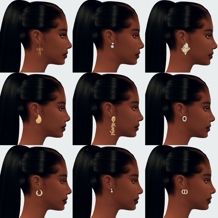 a woman's profile with many different earrings on her head