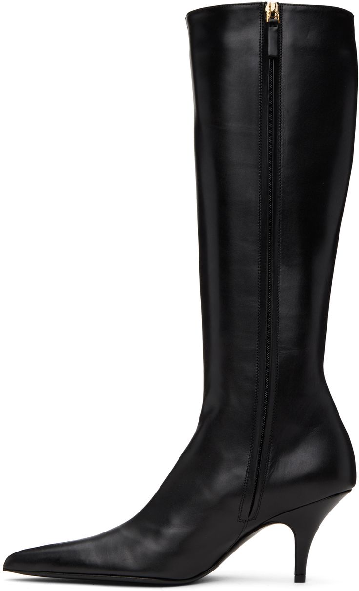 Knee-high polished calfskin boots in black. · Pointed toe · Zip closure at inner-side · Grained leather lining · Covered stiletto heel with rubber injection · Leather sole with rubber injection · H2.75 Supplier color: Black Classic Black Calf Leather Platform Boots, Classic High Heel Platform Boots For Work, Leather Wide Calf Platform Boots For Formal Occasions, Leather Platform Boots With Wide Calf For Formal Occasions, Sleek Platform Boots With Square Toe For Formal Occasions, Sleek Business Heeled Boots With Leather Lining, Sleek Formal Platform Boots With Square Toe, Formal Leather Platform Boots For Wide Calves, Formal Fitted Knee-high Boots With Leather Lining