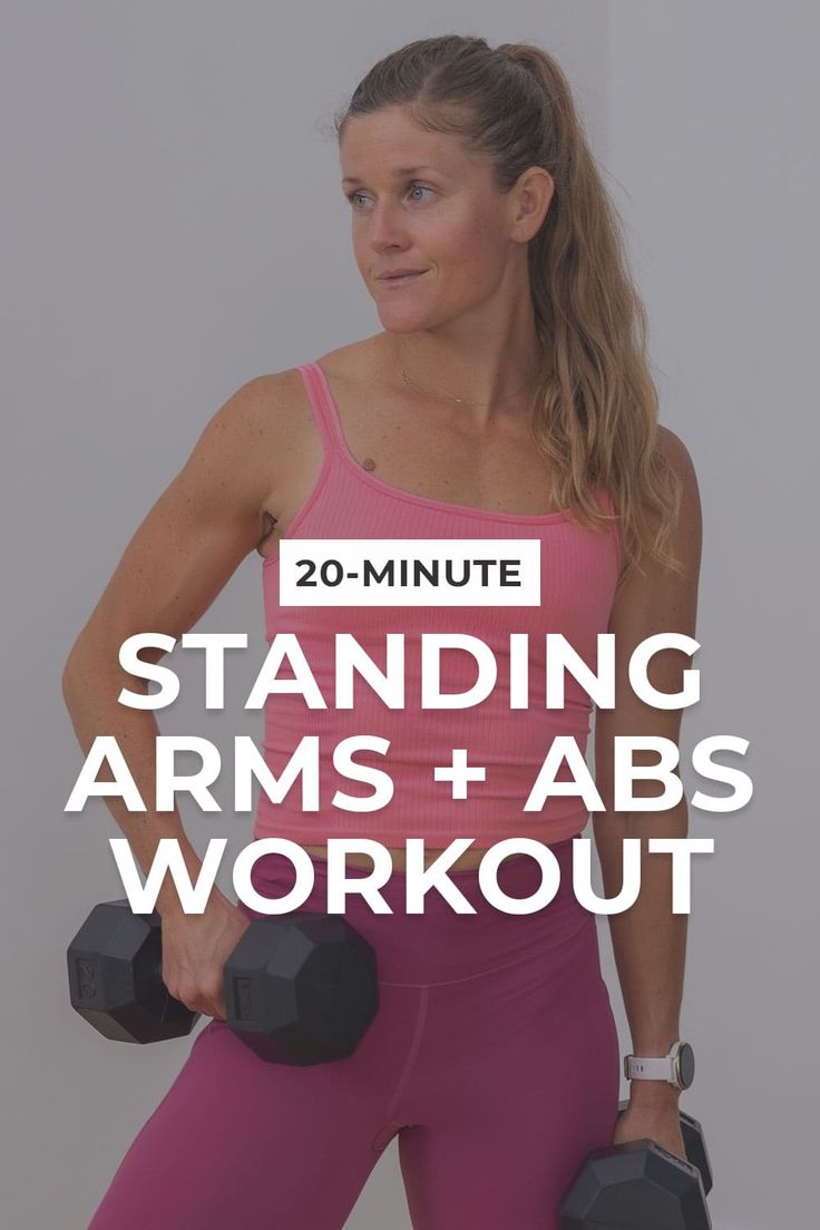 a woman holding two dumbs with the words 20 - minute standing arms and abs workout