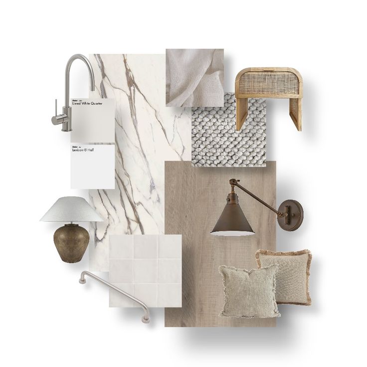 a collage of different items including lamps, pillows and wall hangings on a white background