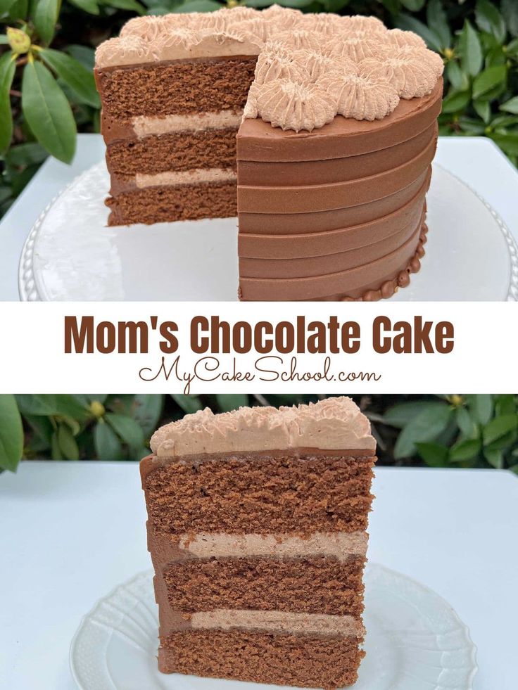 two pictures of a chocolate cake with frosting on top and the same slice missing