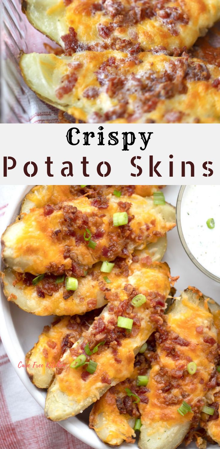 two pictures of potato skins with cheese and sauce on the side, one is cut in half