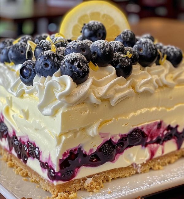 there is a piece of cake with blueberries and lemons on the top it