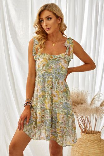 This trendy baby doll dress is full of summer vibe and fun. The yellow and light blue floral print is very beautiful. Adjustable tie straps, ruffles on the neckline, and a ruffled hem finished. This is fully lined! Size Chart (INCH) Sizes Bust Length Hem Width Relax Front Relax S 38 30.3 73.6 M 40 31.1 75.6 L 43 31.9 77.6 XL 46 32.7 80.7 Elasticity Low Strappy Mini Dress, Floral Chiffon Dress, Chiffon Floral, Womens Floral Dress, Chiffon Material, Floral Chiffon, Floral Sleeveless, Tie Dress, Babydoll Dress