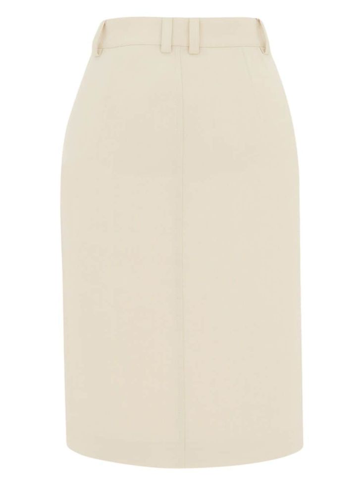 Saint Laurent buttoned-up Pencil Midi Skirt - Farfetch Beige High Waist Pencil Skirt For Work, High Waist Beige Pencil Skirt For Work, Cream Midi Skirt For Work, Classic White Midi Bottoms, Beige Pencil Skirt For Summer Workwear, Classic White Midi Length Bottoms, Beige Midi Bottoms For Workwear, Beige Midi Length Bottoms For Work, Relaxed White Pencil Skirt For Work