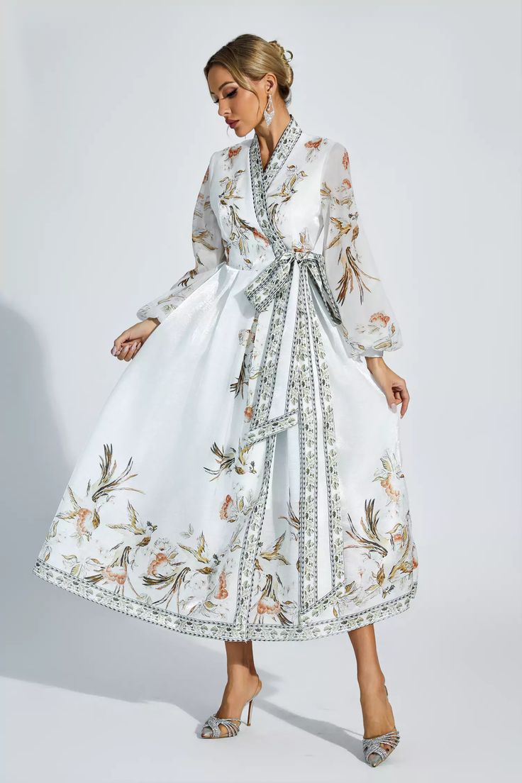 Miley White Floral Belted Long Sleeve Dress Long Sleeve White Midi Dress, Silver Sequin Top, Glitter Wedding Dress, Lace Up Dress, Bandage Midi Dress, White Long Sleeve Dress, Floral Shirt Dress, Puff Sleeve Dresses, Maxi Knit Dress