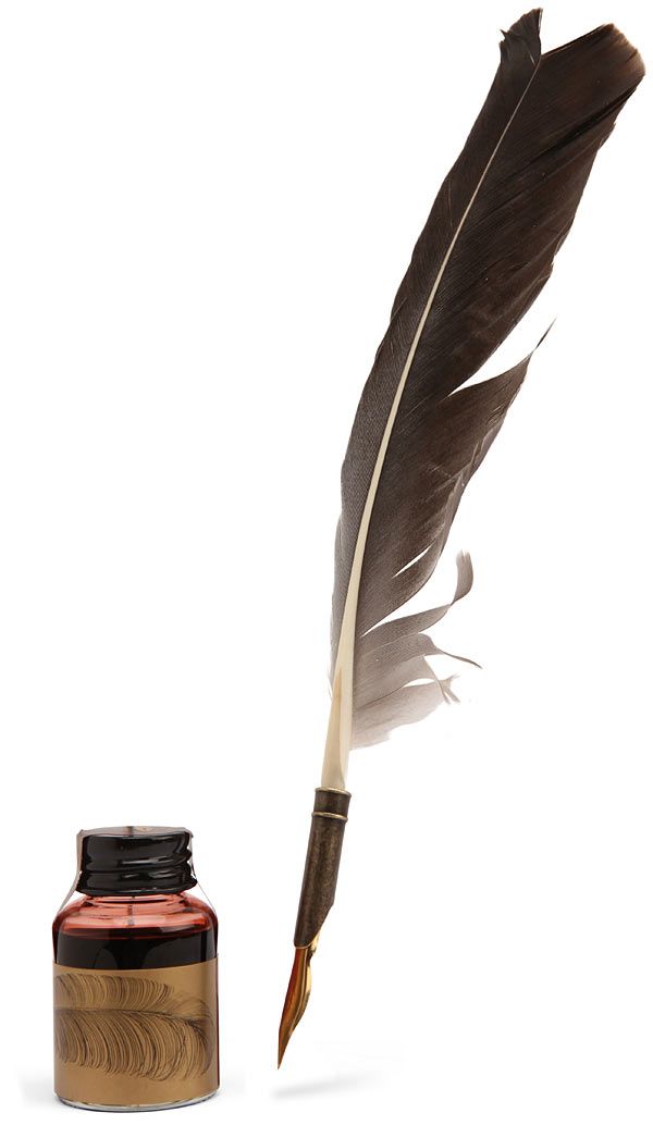 a feather quill next to a bottle of ink