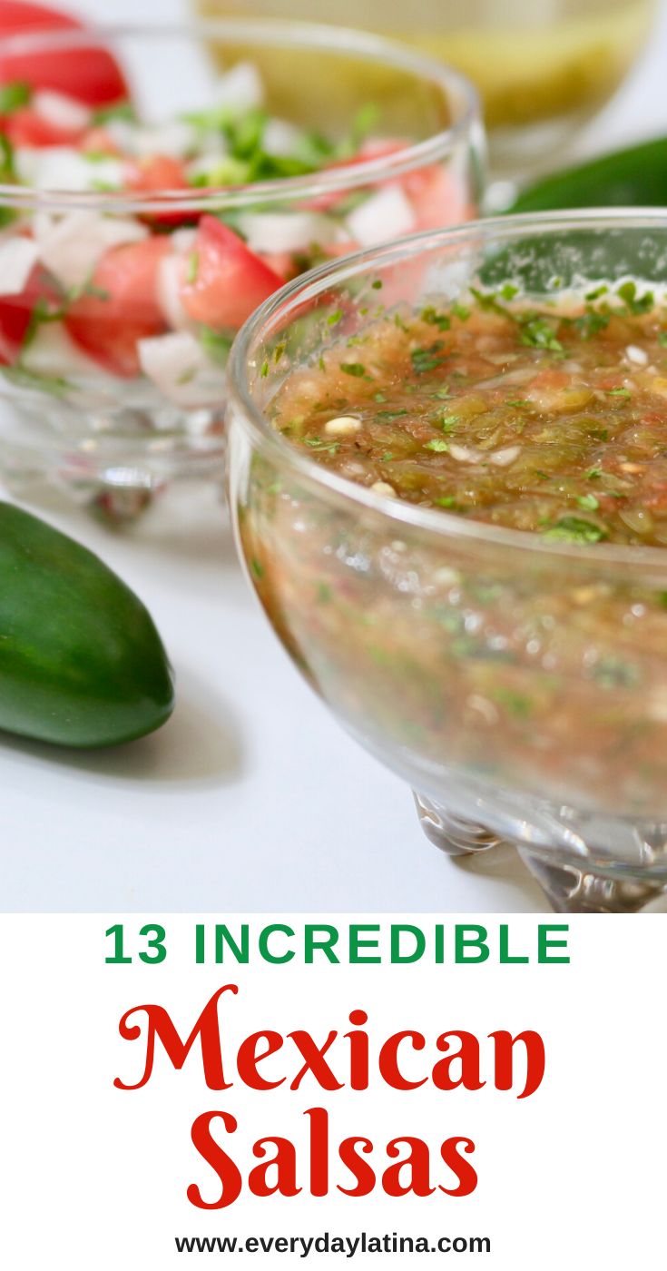 mexican salsa in glass bowls with text overlay