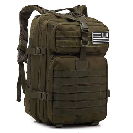 an army green backpack with the american flag on it