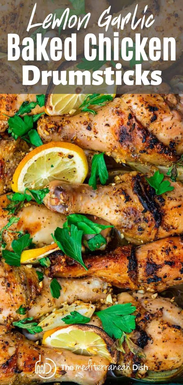 lemon garlic baked chicken drumsticks in a pan