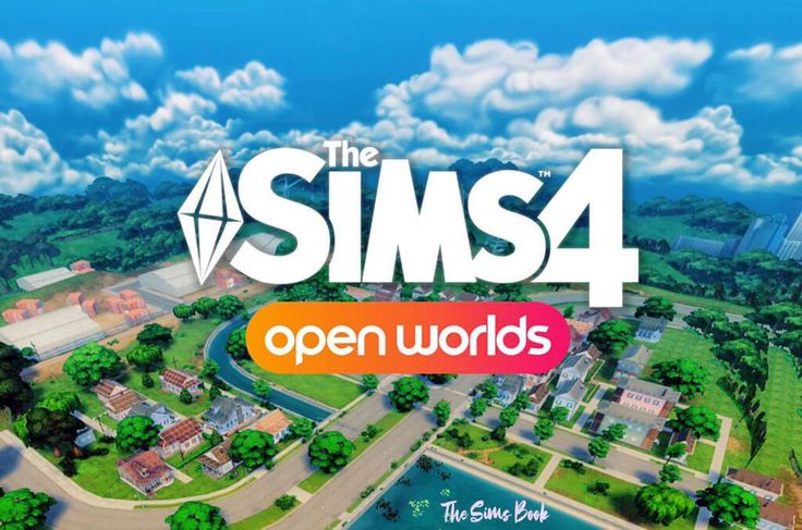 the sims 4 open world logo on top of an aerial view