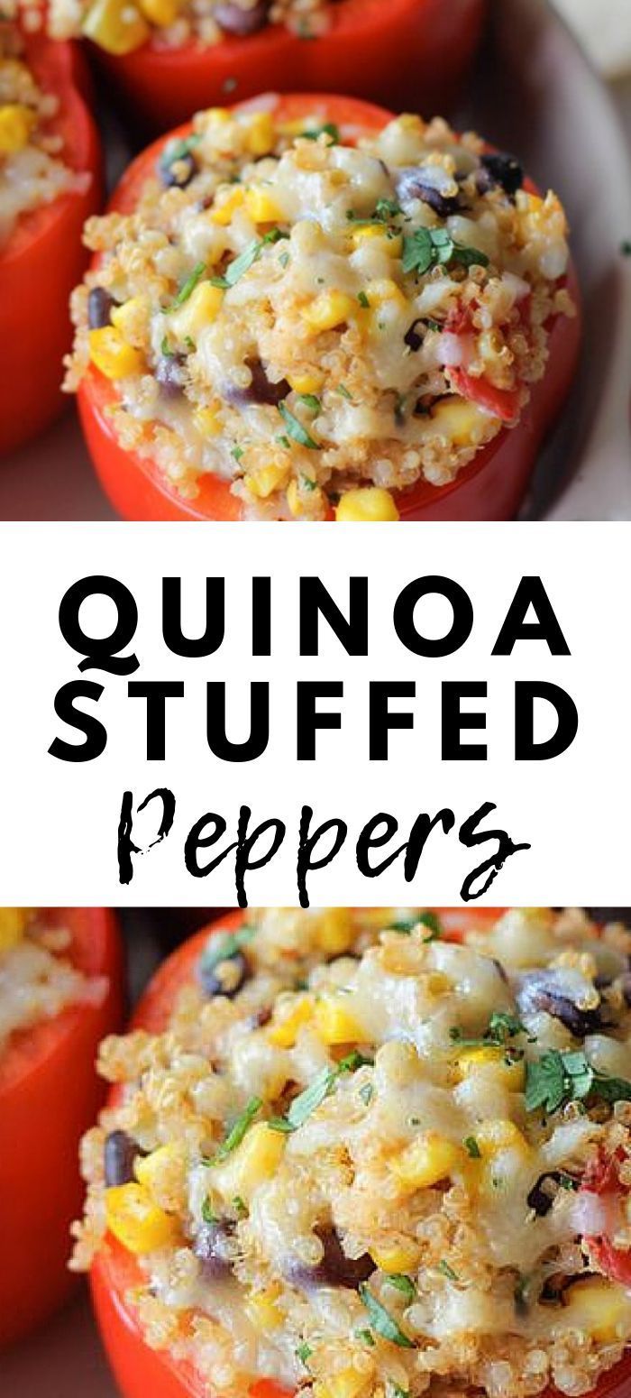 quinoa stuffed peppers on a white plate with the title in black text above it