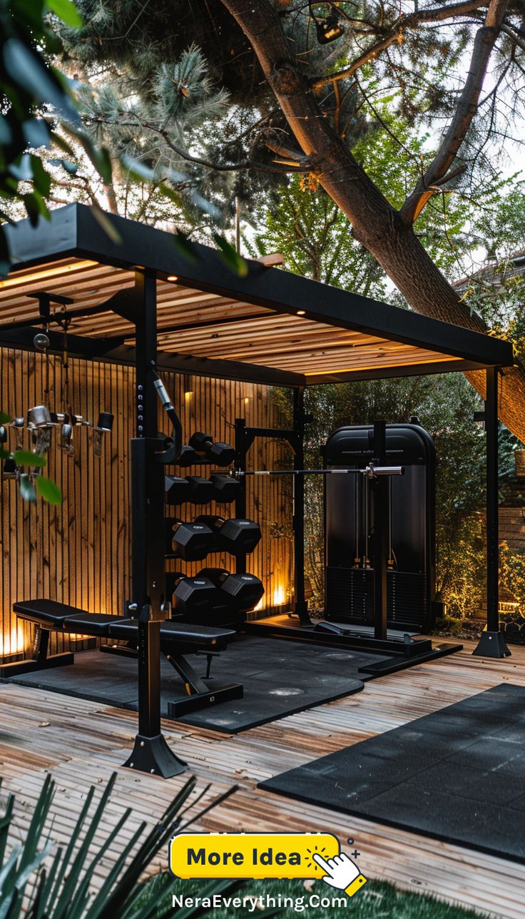 An outdoor home gym with a covered area, natural surroundings, and a variety of fitness equipment for a serene and invigorating workout environment. Small Garden Gym Room, Small Outdoor Gym Ideas, Outdoor Home Gym Ideas, Outdoor Mancave Ideas, Terrace Gym Ideas, Outdoor Workout Space, Backyard Gym Ideas, Outdoor Gym Ideas Backyards, Outdoor Gym Ideas