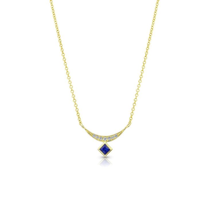 Sapphire Diamond Crescent Necklace Formal Sapphire Necklace With Single Cut Diamonds, Sapphire Necklaces With Single Cut Diamonds, Sapphire Necklace With Single Cut Diamonds, Anniversary Sapphire Necklace With Single Cut Diamonds, Fine Jewelry Sapphire Necklace With Polished Finish, Sapphire Necklaces With Diamond Accents Pendant, Sapphire Necklace With Polished Finish, Elegant Yellow Gold Sapphire Diamond Necklace, 14k Gold Pendant Necklace With Pave Setting