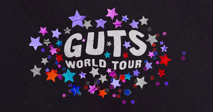 the words guts world tour are surrounded by colorful stars on a black background with white lettering