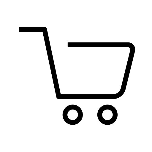 a black and white icon of a shopping cart with wheels on the bottom, side view