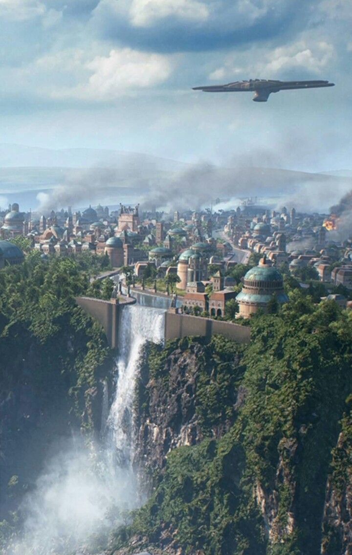 an airplane is flying over a waterfall in the middle of a city with buildings on it