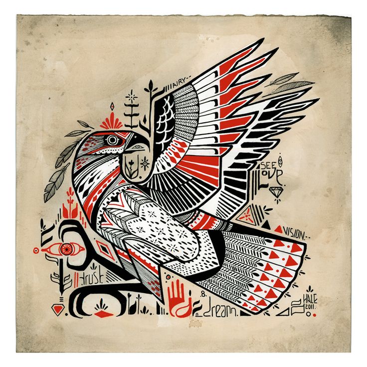 a drawing of a bird with red, black and white colors on it's wings