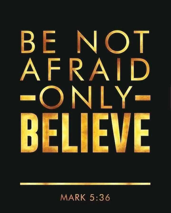 the words be not afraid, only believe on a black background with gold foil lettering