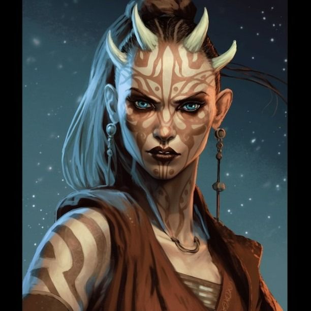 an image of a woman with horns on her head and blue eyes in the background