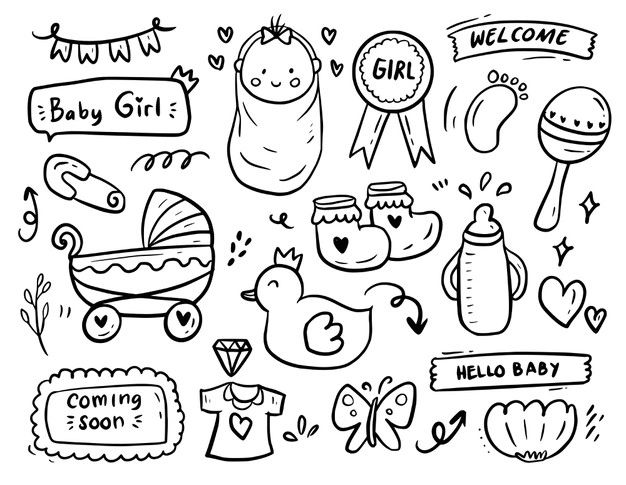 hand drawn doodle baby items and signs on white background stock photo - budget conscious