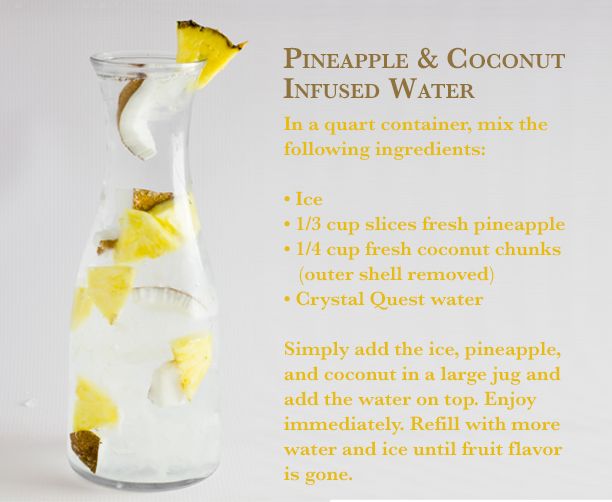 the ingredients for pineapple and coconut infused water are displayed in a clear glass bottle