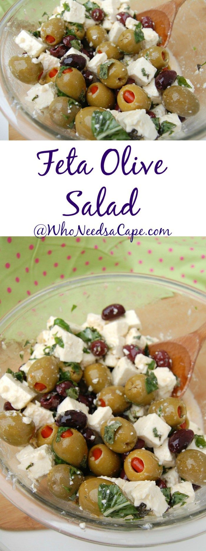 two pictures of olives and feta salad in a glass bowl