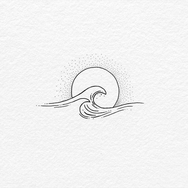 a black and white drawing of a wave in the ocean with sun rising behind it