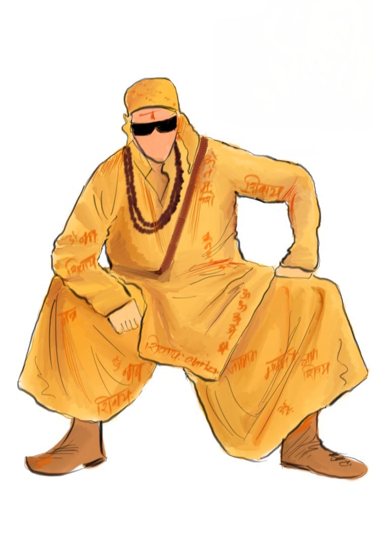 a drawing of a man in a yellow outfit and sunglasses sitting on the ground with words written all over his body