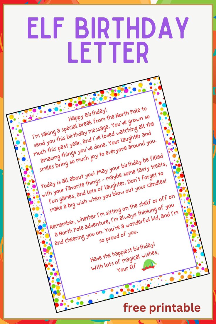 an elf birthday letter is shown in this free printable