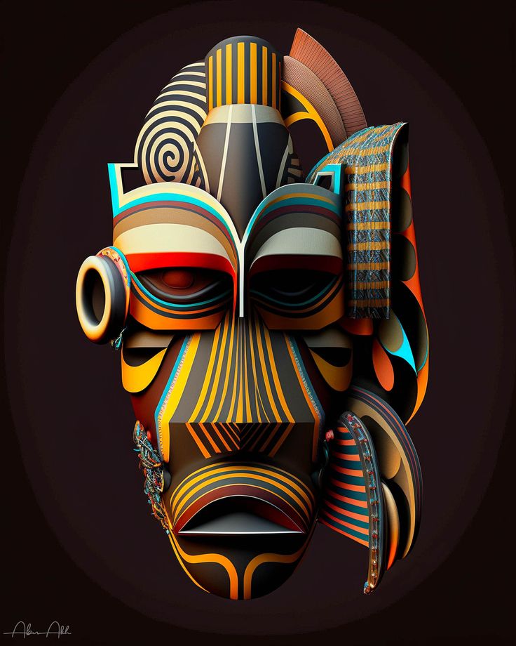 an abstract painting of a human head with different colors and patterns on the face, in black background