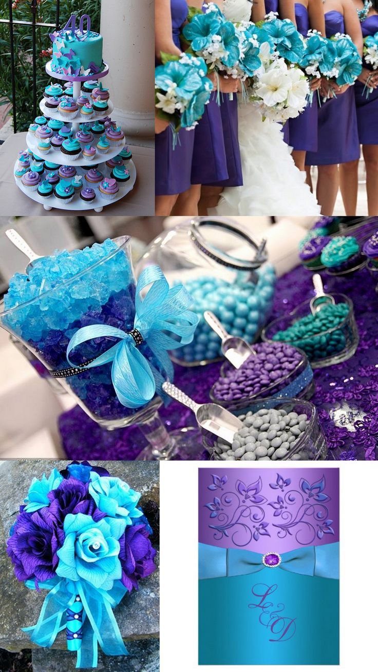 purple and teal wedding color palettes with blue flowers, ribbons and cupcakes