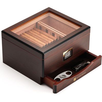 Cigar Humidor Box for 25 to 55 Counts, Glass Top with Spanish Cedar Lining & Divider, Digital Hygrometer, Accessory Drawer & Humidifier, Gift for Cigar Lover - Memento Series GLENCREAG | GLENCREAG MMT-3041 Cigar Humidor Box for 55 Counts, Spanish Cedar Lining | 5.9" H X 10.2" W X 9.1" D | Wayfair Accessory Drawer, Shop Projects, Wood Shop Projects, Humidor, Hygrometer, Bar Tools, Wood Glass, Wood Metal, Wood Shop