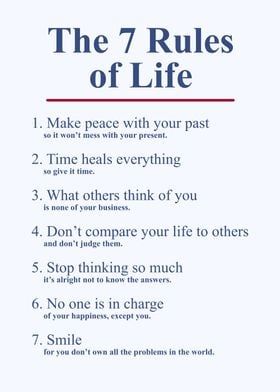 the 7 rules of life on a white background with blue and red text, which says it