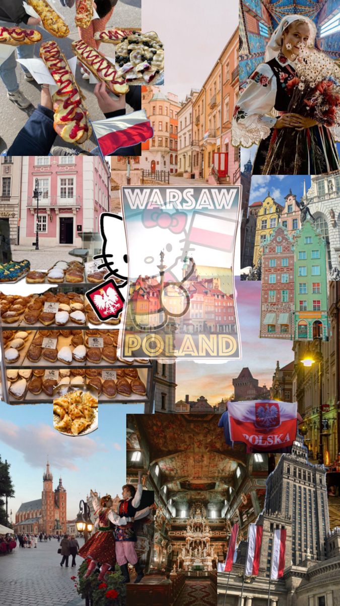 a collage with many different pictures including buildings and people in the city, such as food