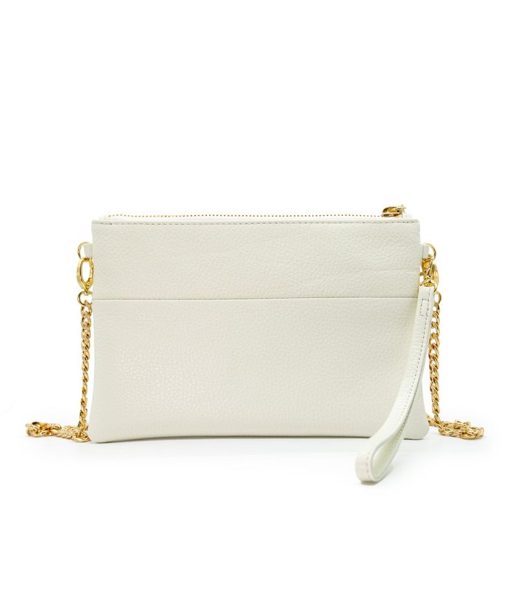 Fun and flirty while also handling glam to quirky, the Soho can be worn 6 different ways. Suit your every mood or look by using it as a clutch, wristlet (strap included), crossbody, shoulder bag, belt pouch or chain-strap wristlet. Crafted of Italian leather in a sparkling white hue, it has an interior zip pocket and a hot pink nylon lining for fumble-free finding of keys and more. And when you want to go hands-free, use the two side rings to attach our multi-chain strap (pictured and sold separ Chic White Wallet On Chain For Everyday, Trendy Clutch Wristlet For Mobile Phone, Trendy Wristlet Clutch For Mobile Phone, Trendy Mobile Phone Wristlet Clutch, White Chic Wallet On Chain For Formal Occasions, Chic White Wallet On Chain For Formal Occasions, Travel Wallet On Chain With Adjustable Strap, Chic Rectangular Wallet On Chain With Adjustable Strap, Chic Pouch Clutch With Zipper Closure